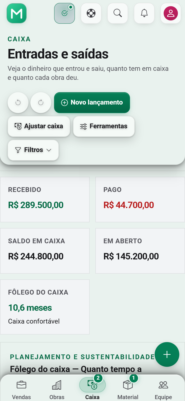 Tela real do Caixa e Financeiro do MoteBuild no celular com controle de entradas e despesas