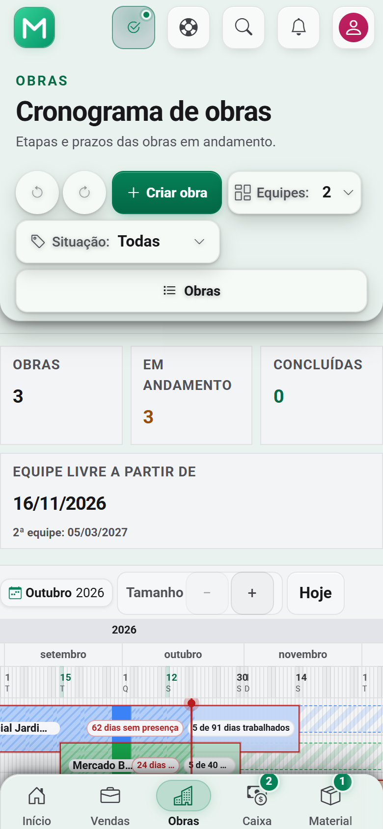 Tela real do Cronograma de Obras do MoteBuild no celular com dias úteis e etapas de trabalho