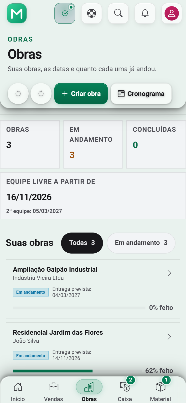 Tela real do módulo de Obras do MoteBuild no celular com lista de canteiros e status