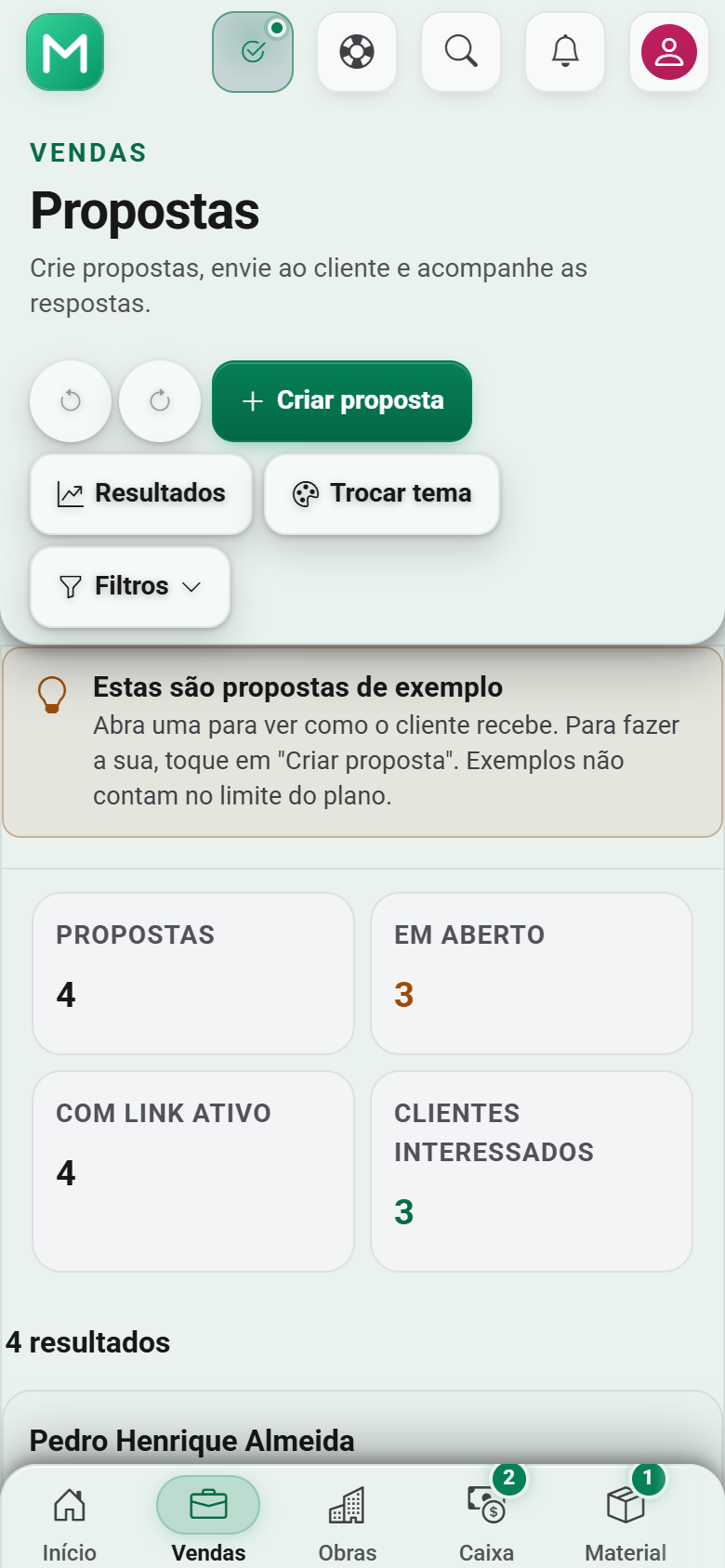 Tela real de propostas e orçamentos do MoteBuild no celular pronta para envio em PDF