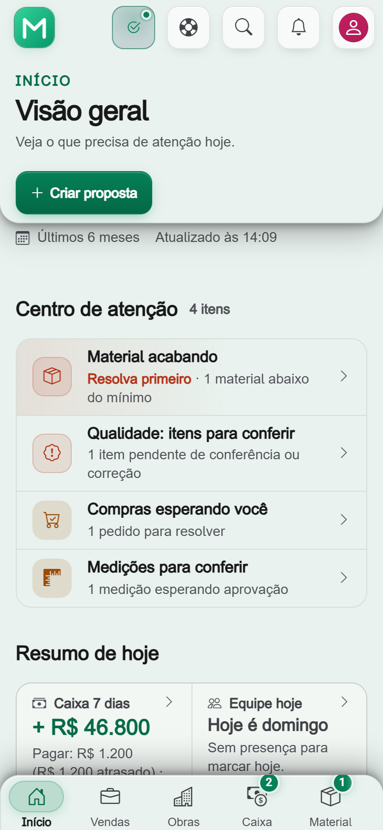 Tela real da Visão Geral do MoteBuild no smartphone com obras ativas e resumo de operações